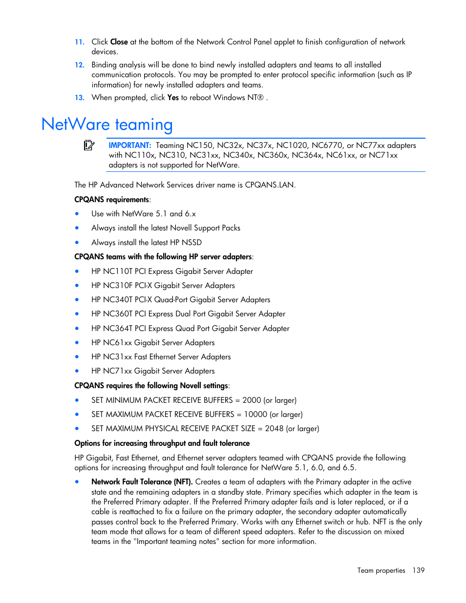 Netware teaming | HP 441877-00B User Manual | Page 139 / 176
