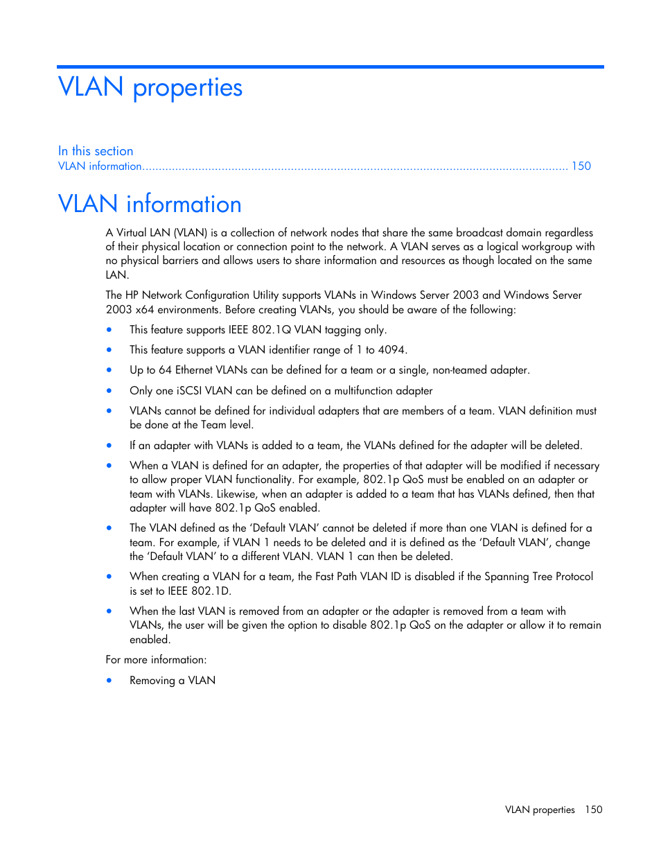 Vlan properties, Vlan information | HP 441877-00B User Manual | Page 150 / 176