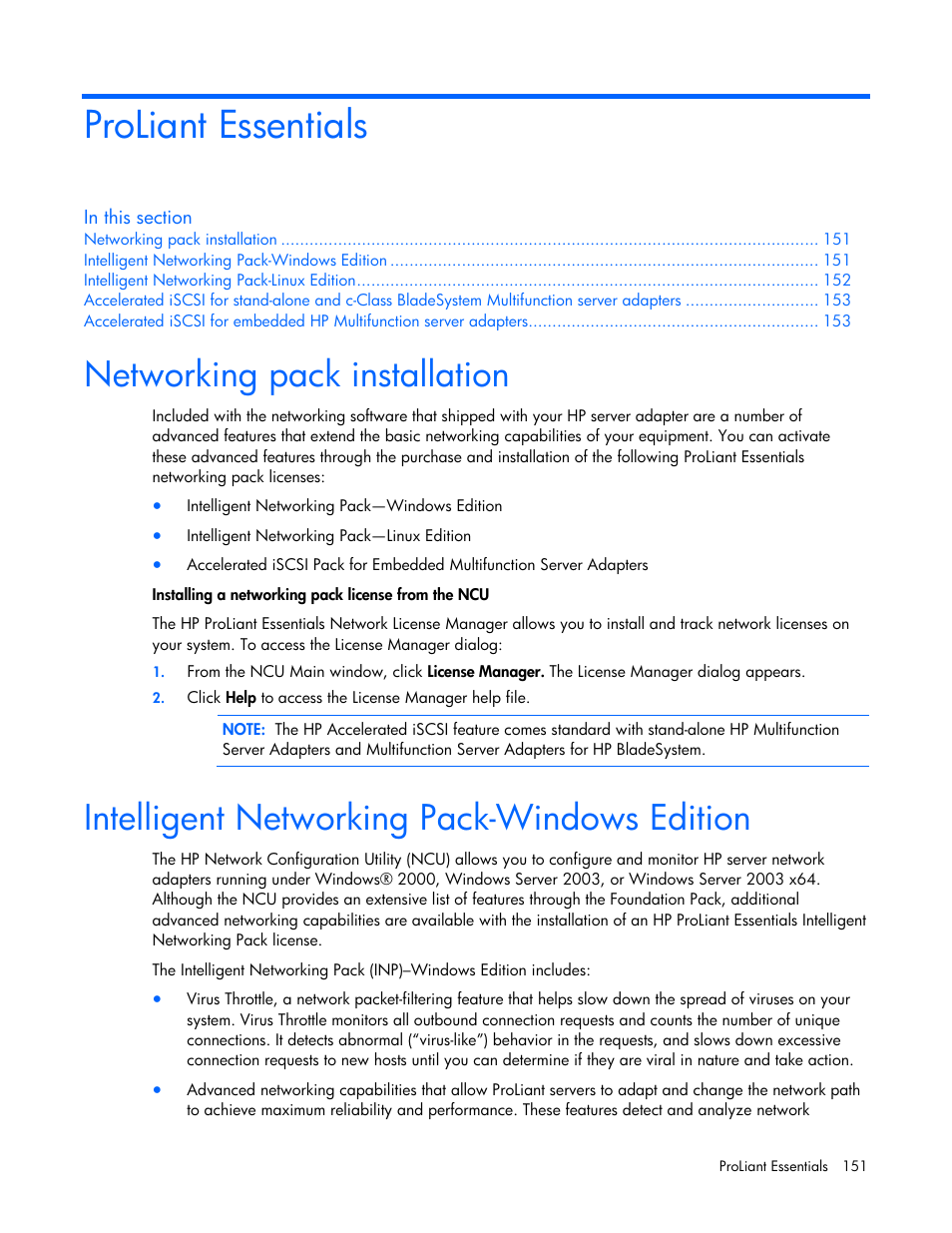 Proliant essentials, Networking pack installation, Intelligent networking pack-windows edition | HP 441877-00B User Manual | Page 151 / 176