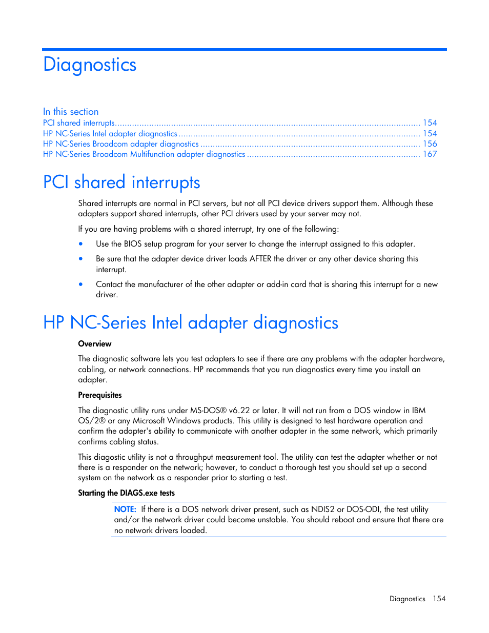 Diagnostics, Pci shared interrupts, Hp nc-series intel adapter diagnostics | HP 441877-00B User Manual | Page 154 / 176