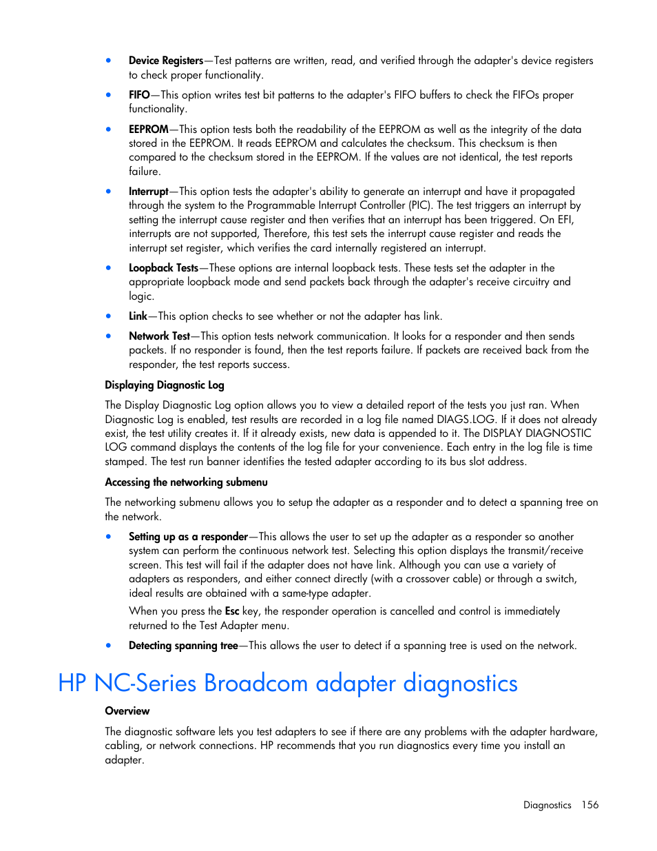Hp nc-series broadcom adapter diagnostics | HP 441877-00B User Manual | Page 156 / 176