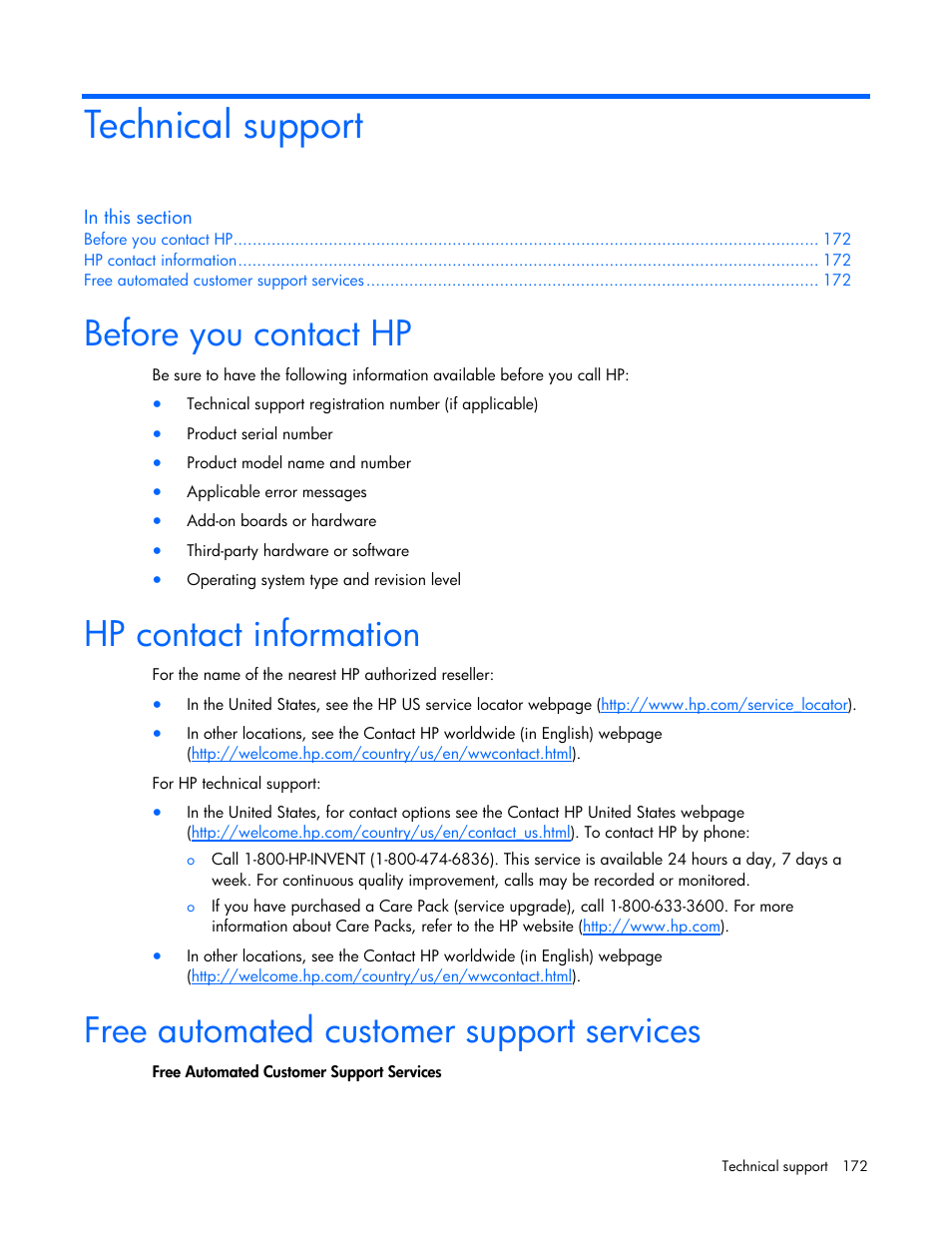 Technical support, Before you contact hp, Hp contact information | Free automated customer support services | HP 441877-00B User Manual | Page 172 / 176