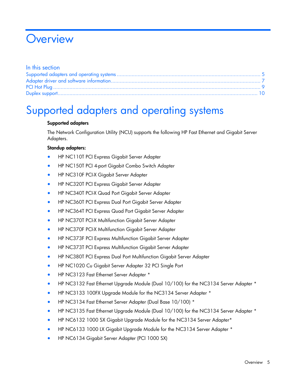 Overview, Supported adapters and operating systems | HP 441877-00B User Manual | Page 5 / 176