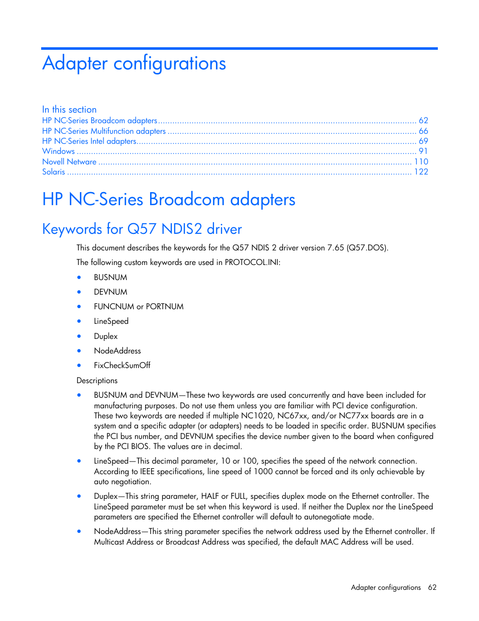 Adapter configurations, Hp nc-series broadcom adapters, Keywords for q57 ndis2 driver | HP 441877-00B User Manual | Page 62 / 176