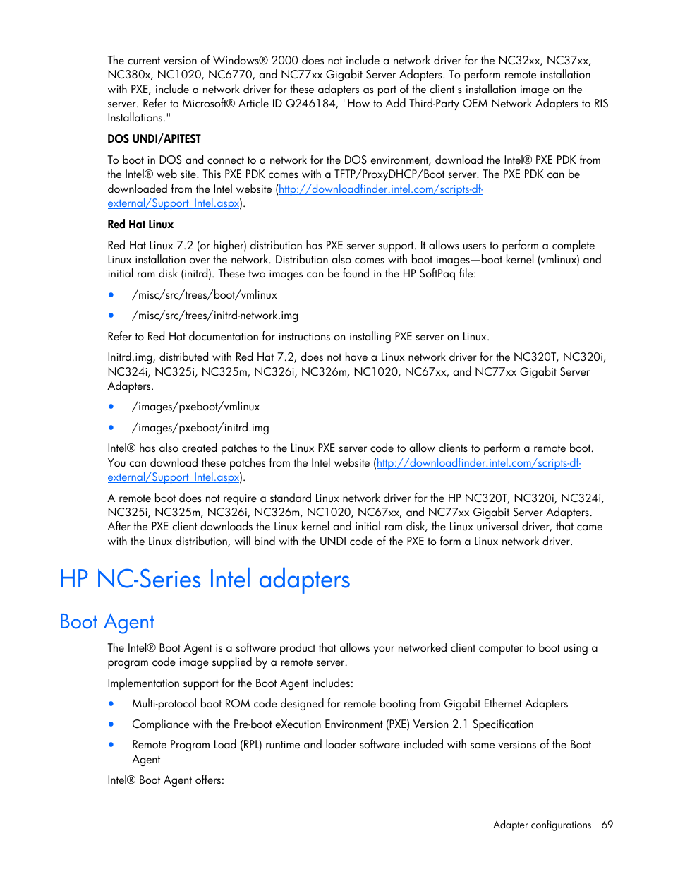 Hp nc-series intel adapters, Boot agent | HP 441877-00B User Manual | Page 69 / 176