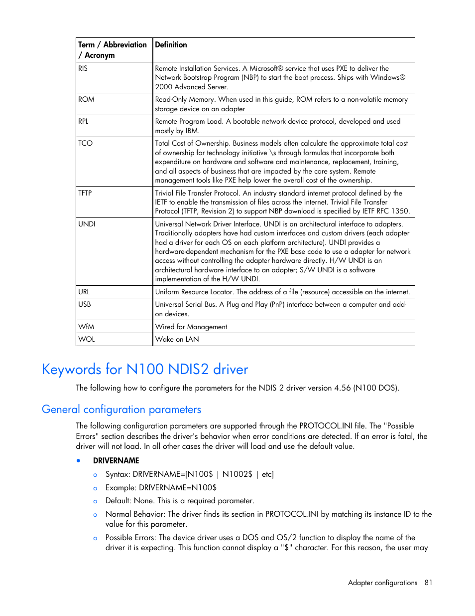 Keywords for n100 ndis2 driver, General configuration parameters | HP 441877-00B User Manual | Page 81 / 176