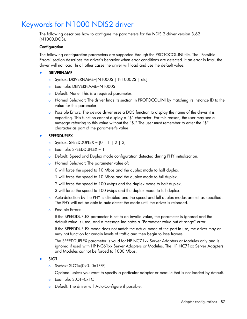Keywords for n1000 ndis2 driver, Or k | HP 441877-00B User Manual | Page 87 / 176