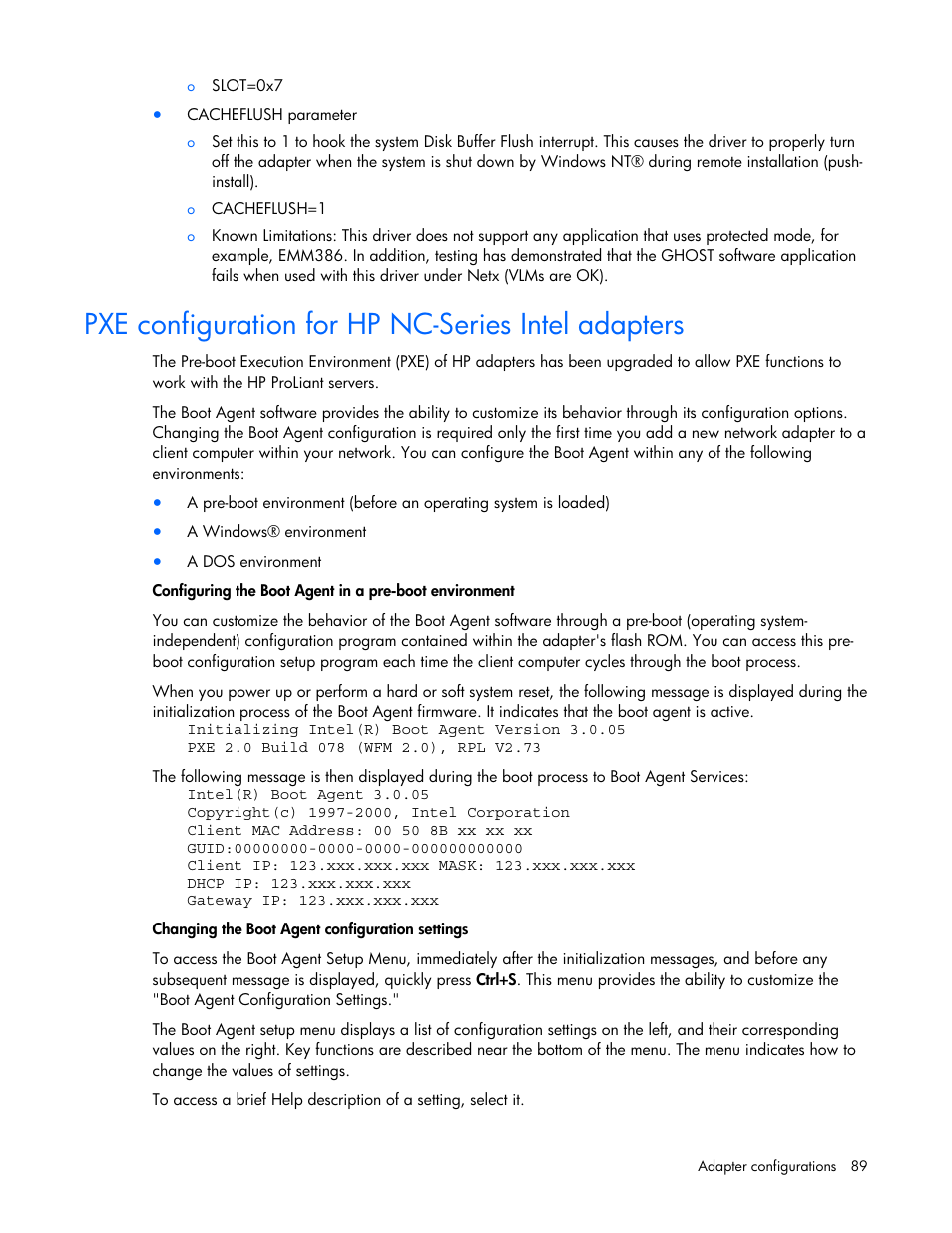 Pxe configuration for hp nc-series intel adapters | HP 441877-00B User Manual | Page 89 / 176