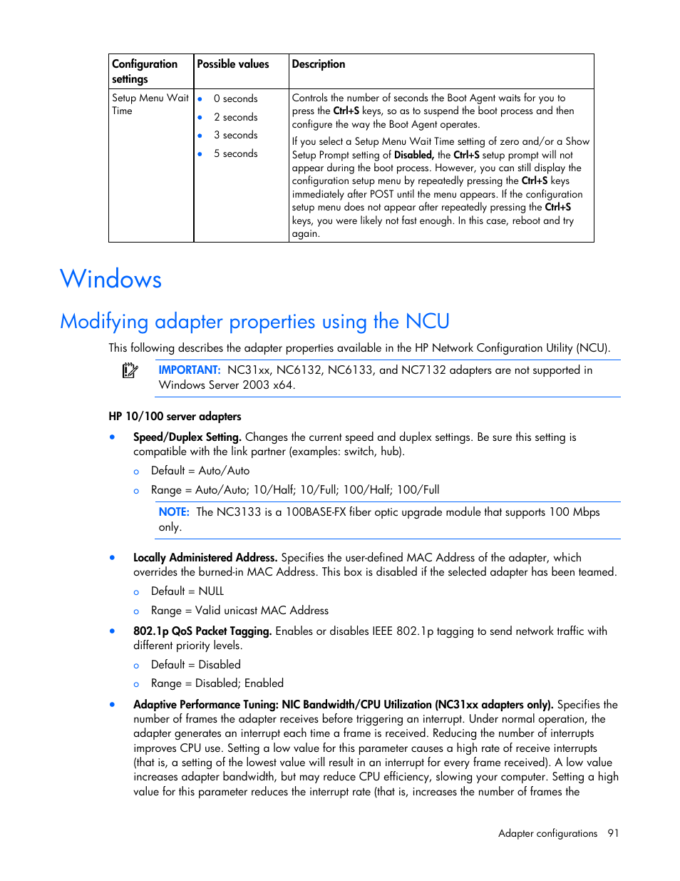 Windows, Modifying adapter properties using the ncu | HP 441877-00B User Manual | Page 91 / 176