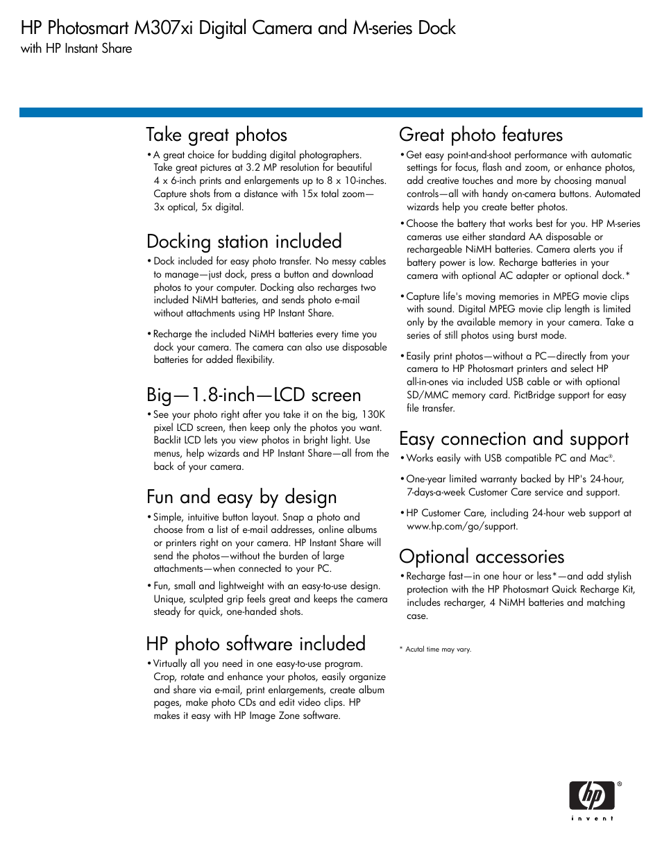 Take great photos, Docking station included, Big—1.8-inch—lcd screen | Fun and easy by design, Hp photo software included, Great photo features, Easy connection and support, Optional accessories | HP PhotoSmart M307xi User Manual | Page 2 / 4