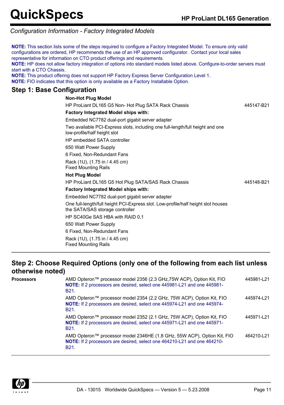 Quickspecs, Step 1: base configuration | HP ProLiant DL165 User Manual | Page 11 / 30