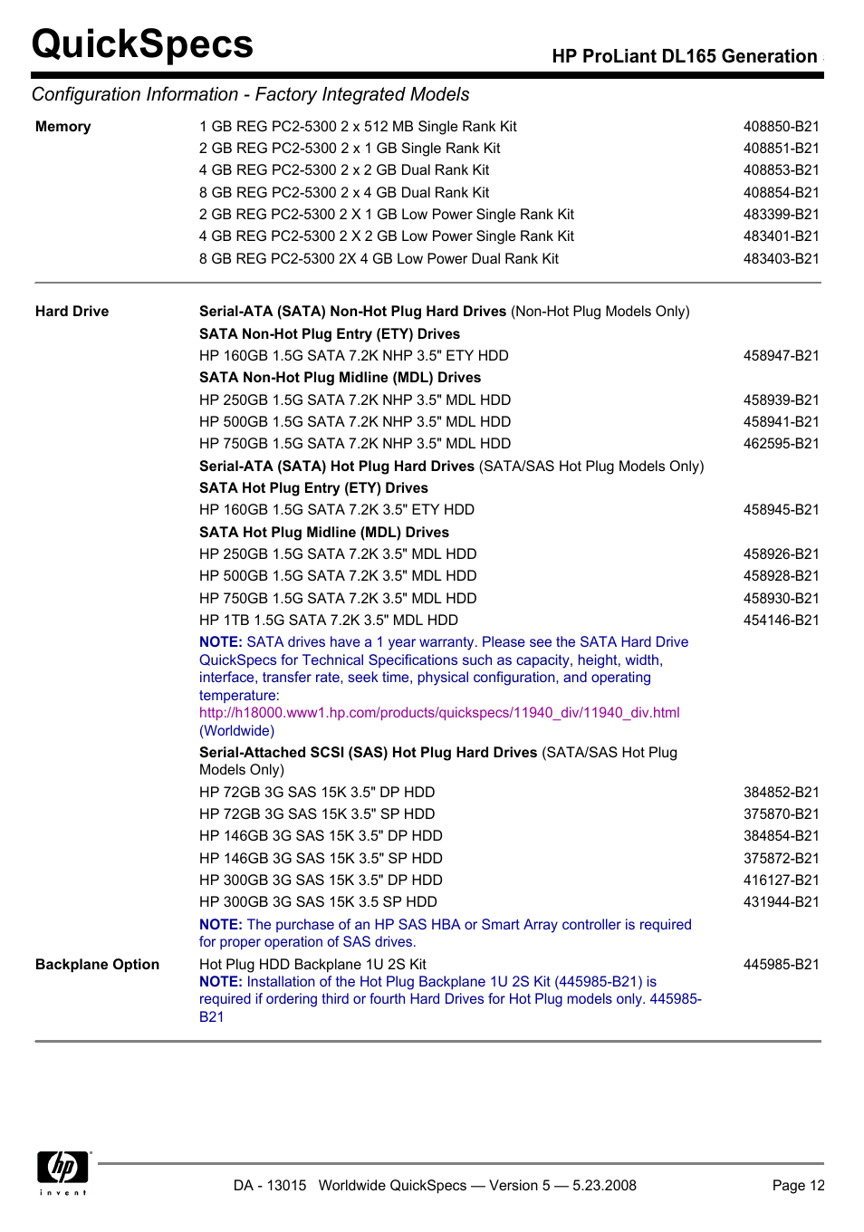 Quickspecs | HP ProLiant DL165 User Manual | Page 12 / 30