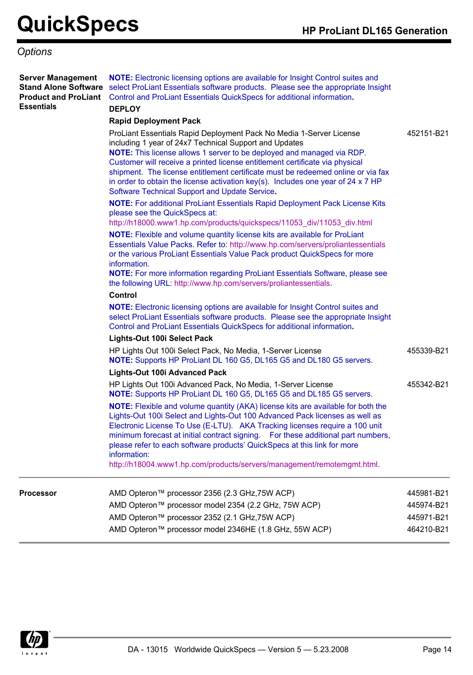 Options, Quickspecs, Hp proliant dl165 generation 5 options | HP ProLiant DL165 User Manual | Page 14 / 30