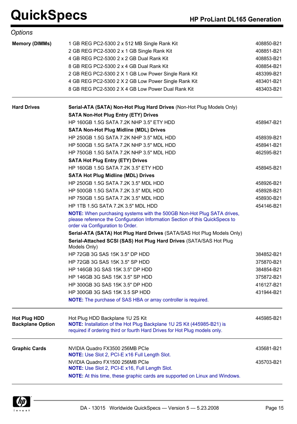 Quickspecs, Hp proliant dl165 generation 5 options | HP ProLiant DL165 User Manual | Page 15 / 30
