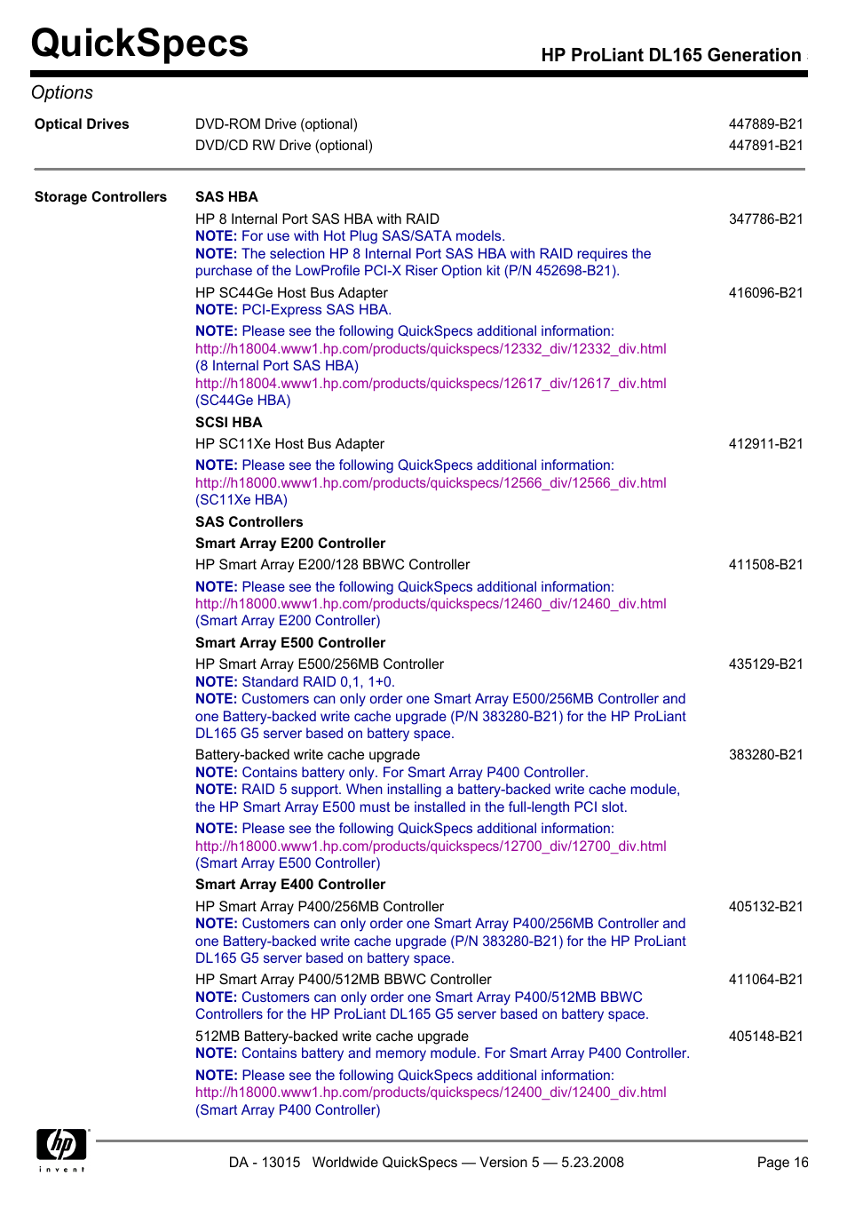 Quickspecs, Hp proliant dl165 generation 5 options | HP ProLiant DL165 User Manual | Page 16 / 30