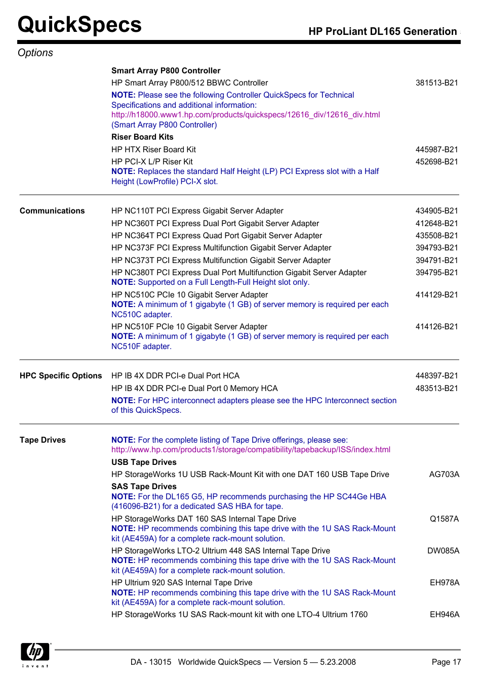 Quickspecs, Hp proliant dl165 generation 5 options | HP ProLiant DL165 User Manual | Page 17 / 30