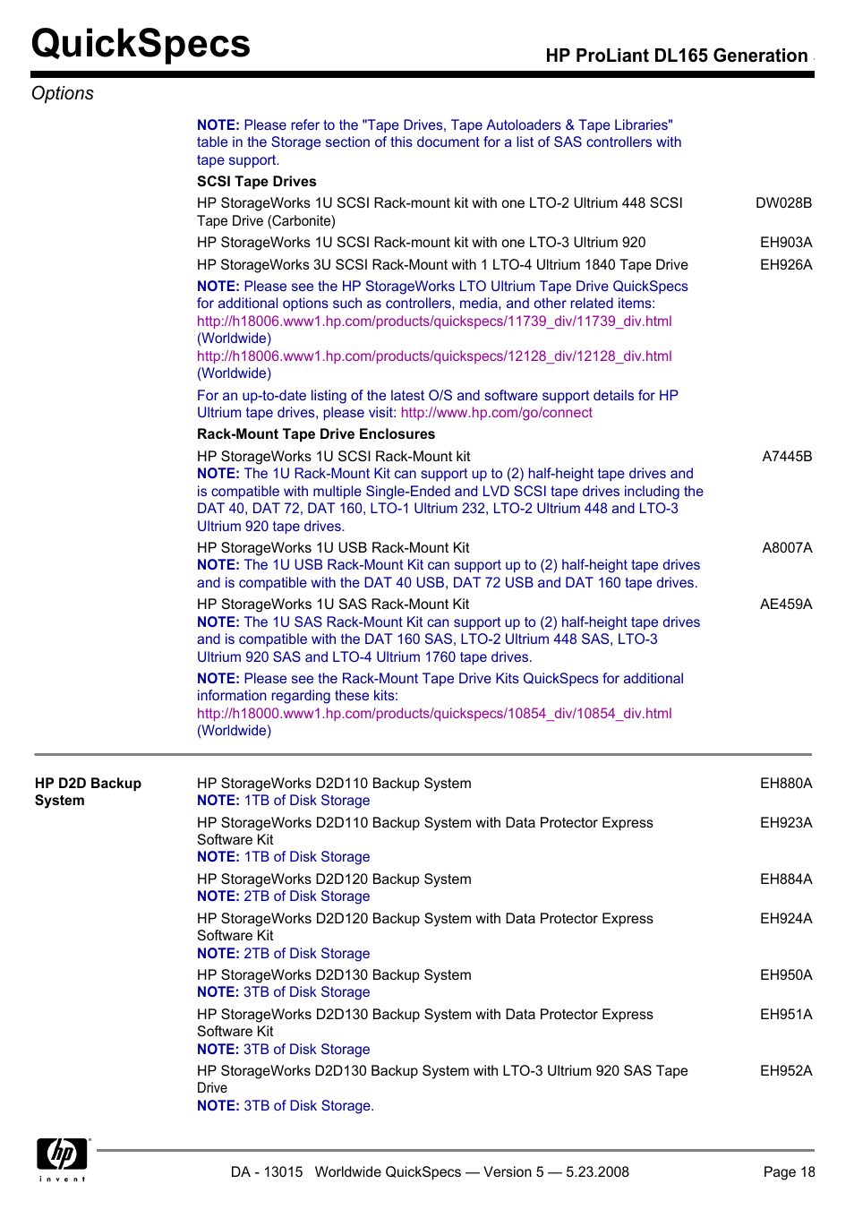 Quickspecs, Hp proliant dl165 generation 5 options | HP ProLiant DL165 User Manual | Page 18 / 30