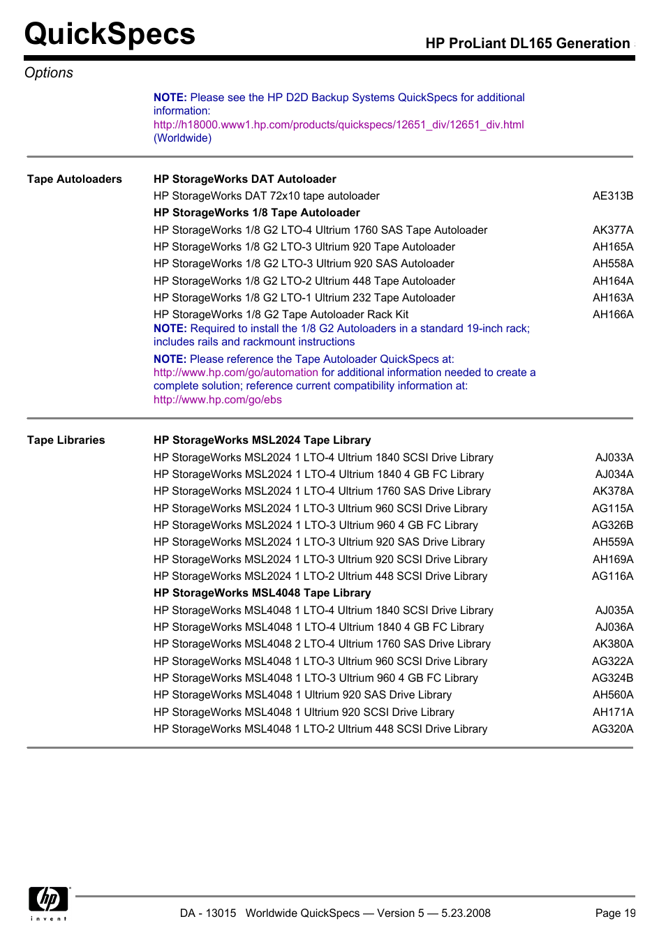 Quickspecs, Hp proliant dl165 generation 5 options | HP ProLiant DL165 User Manual | Page 19 / 30