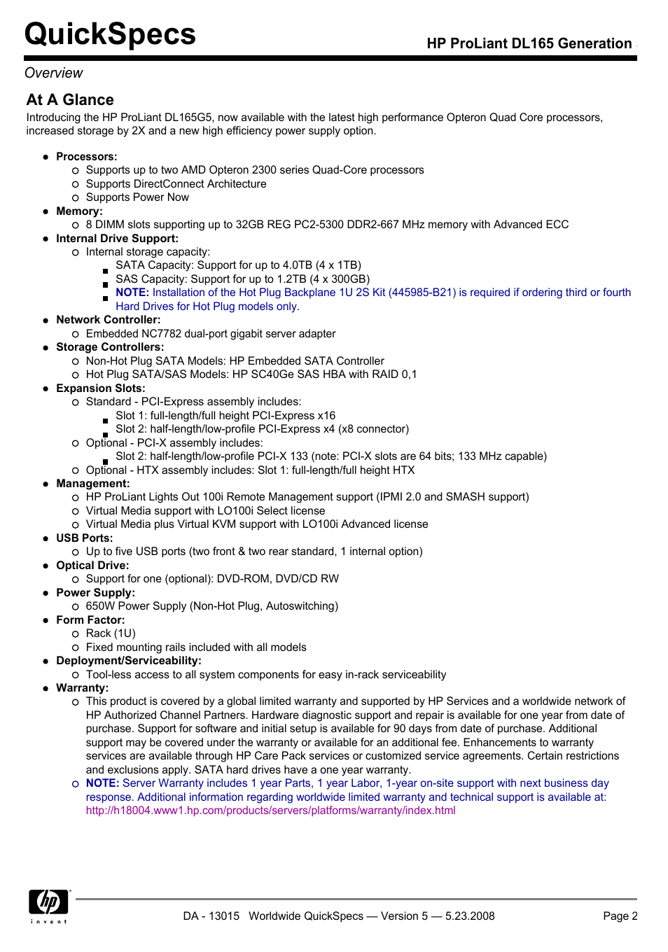 Quickspecs, At a glance, Hp proliant dl165 generation 5 overview | HP ProLiant DL165 User Manual | Page 2 / 30