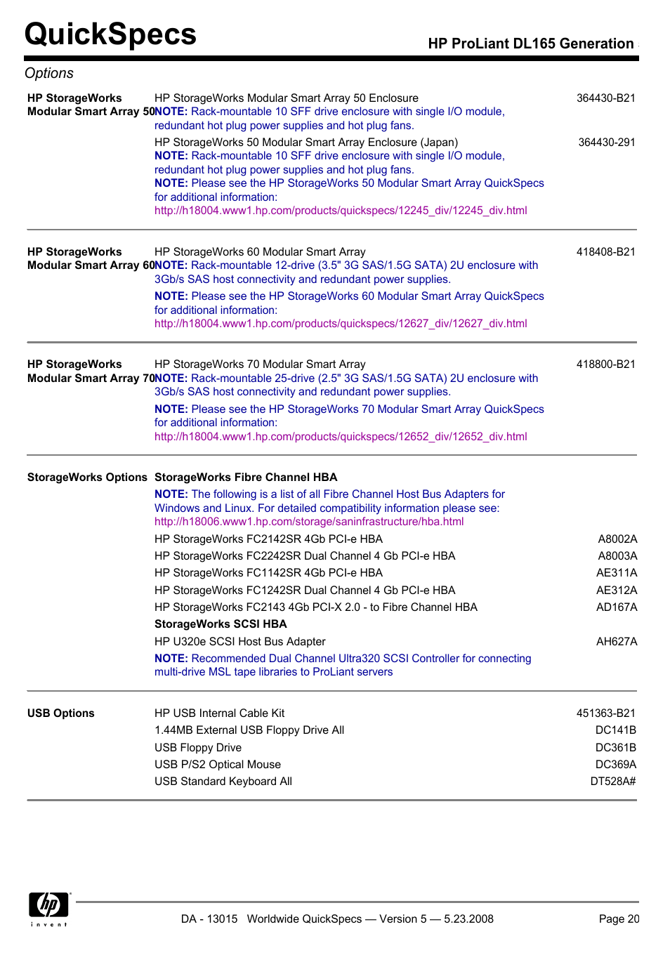 Quickspecs, Hp proliant dl165 generation 5 options | HP ProLiant DL165 User Manual | Page 20 / 30