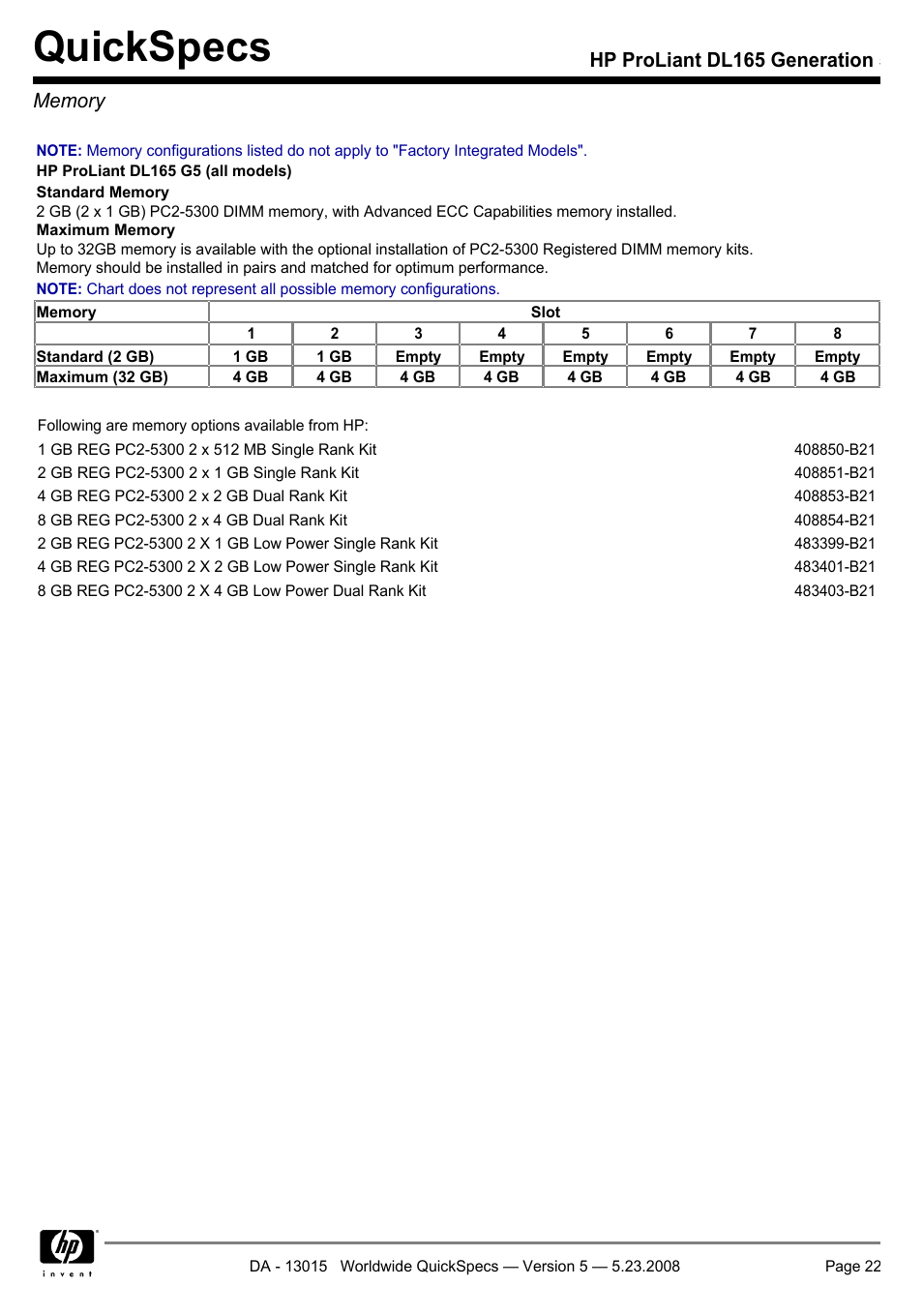 Memory, Quickspecs | HP ProLiant DL165 User Manual | Page 22 / 30