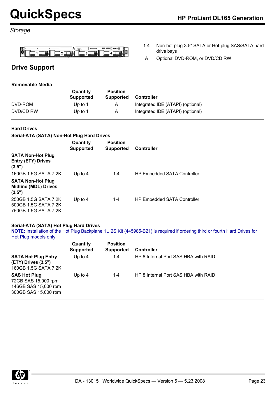 Storage, Quickspecs, Drive support | Hp proliant dl165 generation 5 storage | HP ProLiant DL165 User Manual | Page 23 / 30