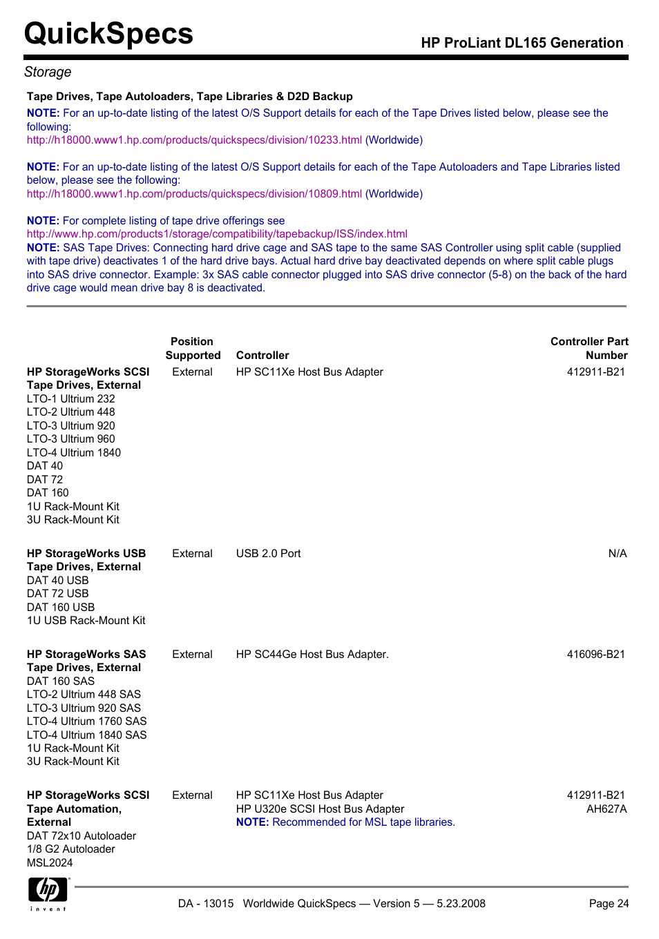 Quickspecs, Hp proliant dl165 generation 5 storage | HP ProLiant DL165 User Manual | Page 24 / 30