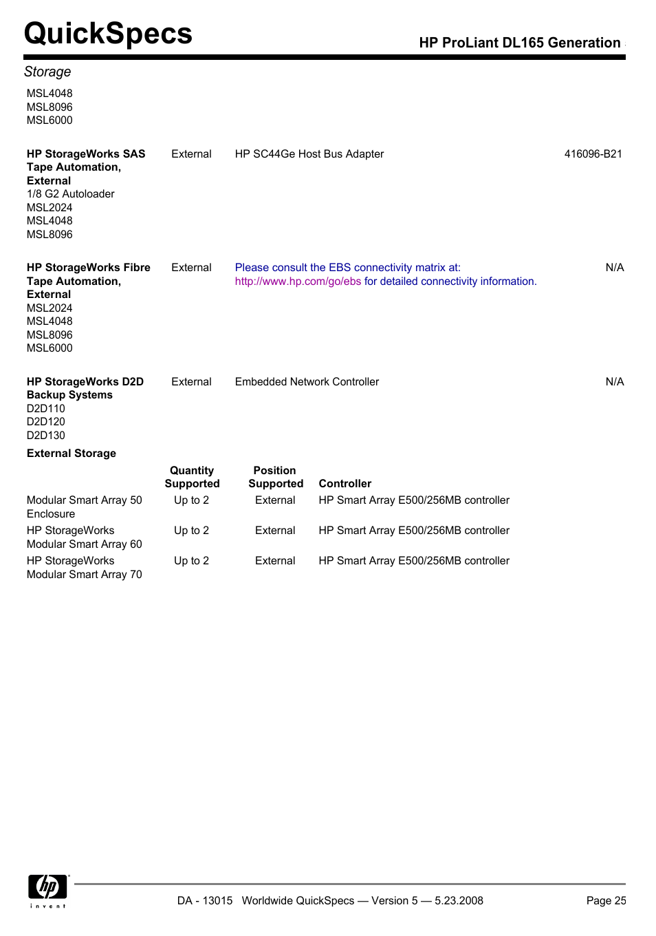 Quickspecs, Hp proliant dl165 generation 5 storage | HP ProLiant DL165 User Manual | Page 25 / 30