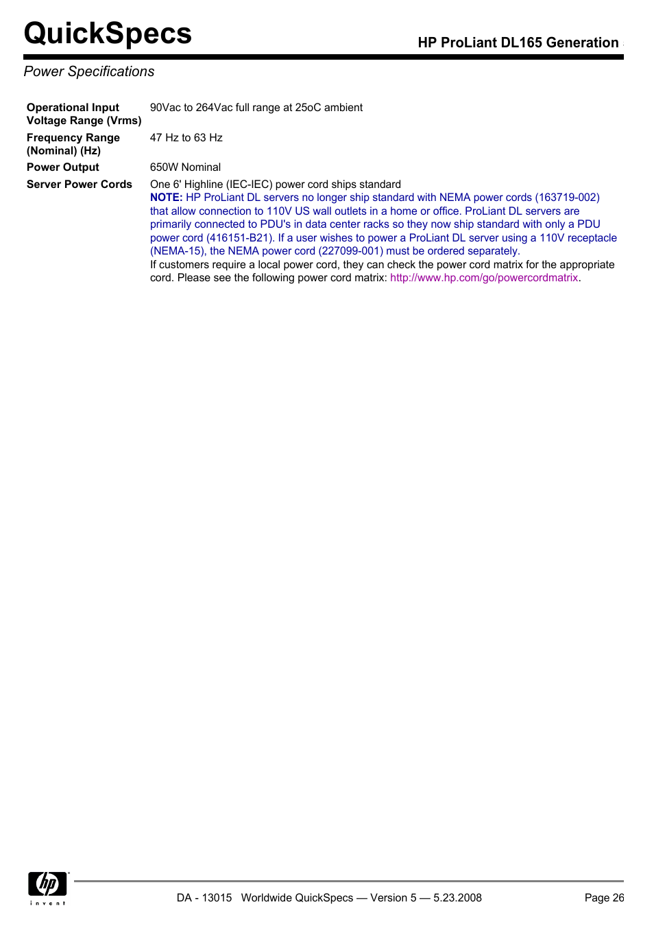 Power specifications, Quickspecs | HP ProLiant DL165 User Manual | Page 26 / 30
