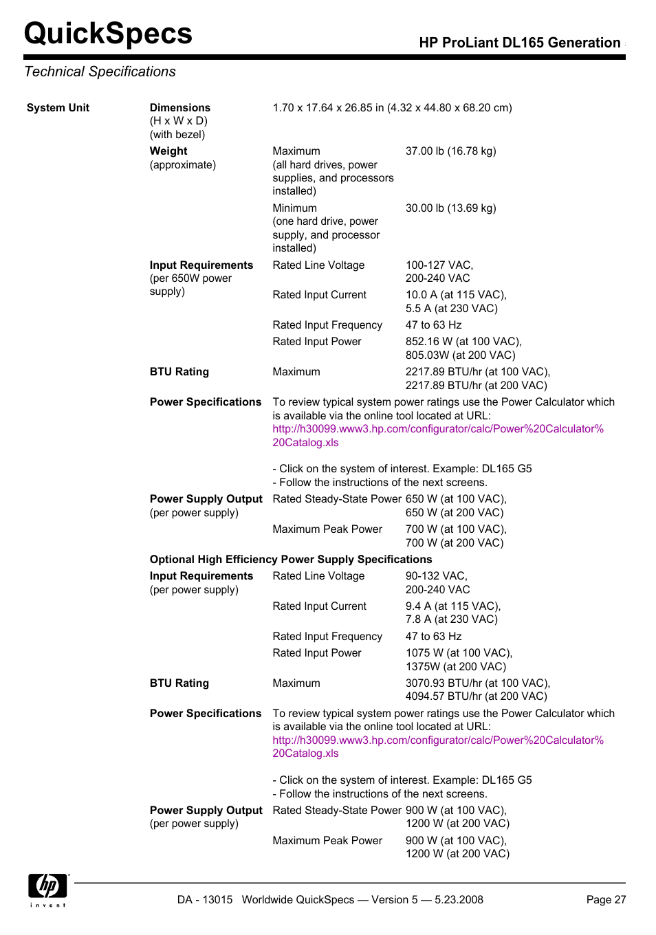 Technical specifications, Quickspecs | HP ProLiant DL165 User Manual | Page 27 / 30