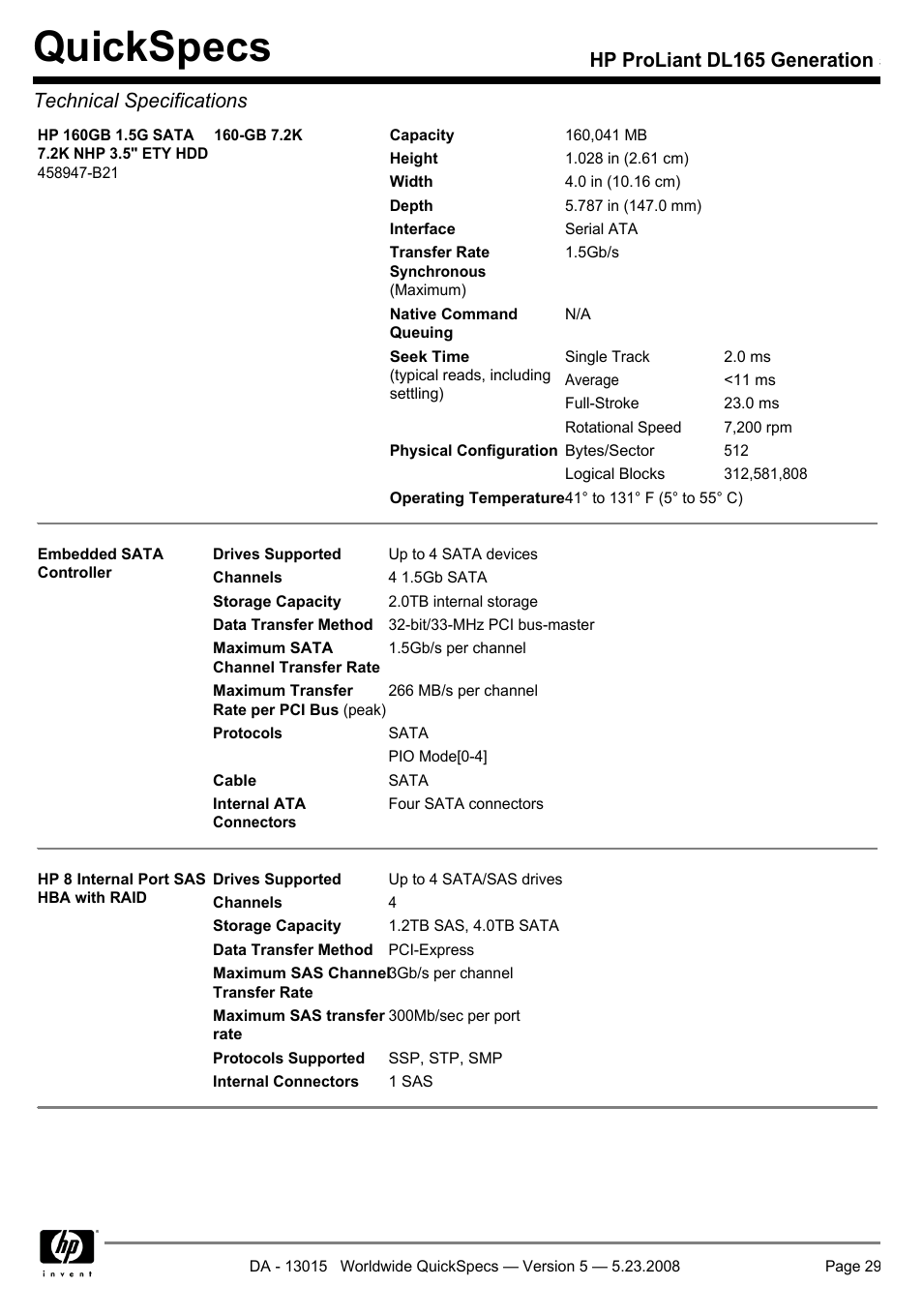 Quickspecs | HP ProLiant DL165 User Manual | Page 29 / 30