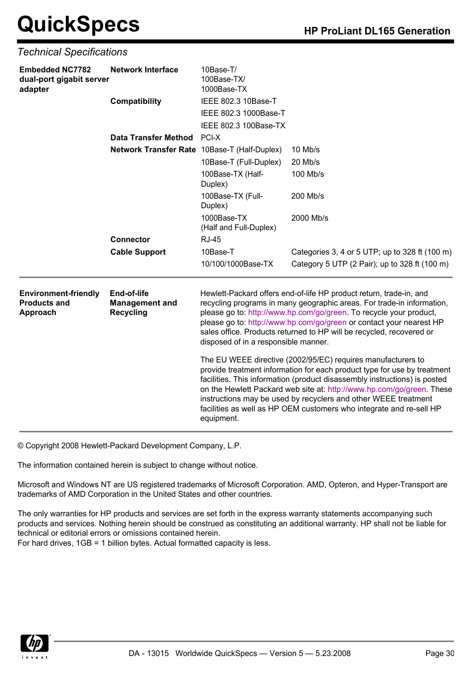 Quickspecs | HP ProLiant DL165 User Manual | Page 30 / 30