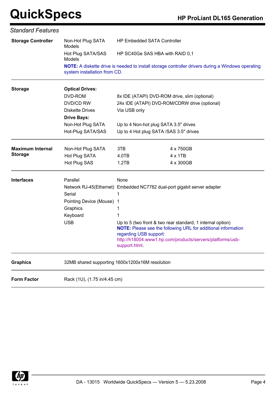 Quickspecs, Hp proliant dl165 generation 5 standard features | HP ProLiant DL165 User Manual | Page 4 / 30