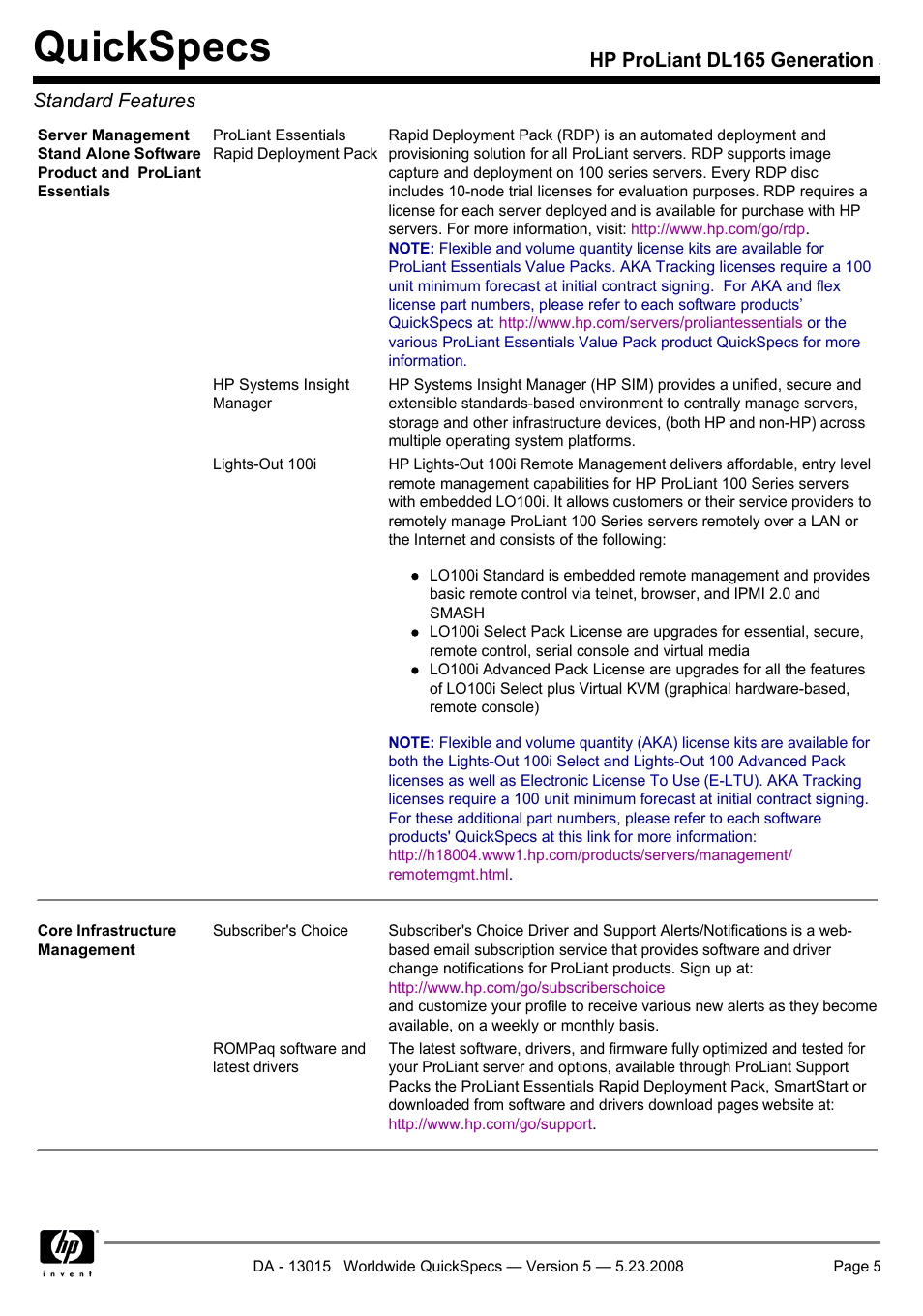 Quickspecs, Hp proliant dl165 generation 5 standard features | HP ProLiant DL165 User Manual | Page 5 / 30