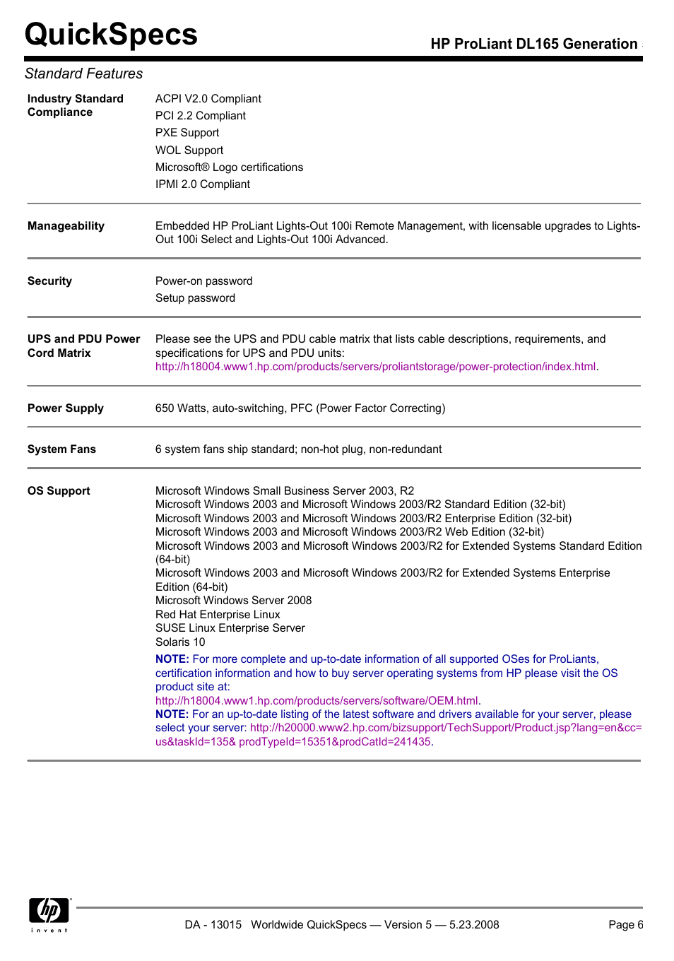 Quickspecs, Hp proliant dl165 generation 5 standard features | HP ProLiant DL165 User Manual | Page 6 / 30