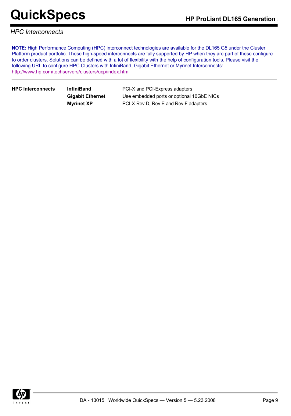 Hpc interconnects, Quickspecs | HP ProLiant DL165 User Manual | Page 9 / 30