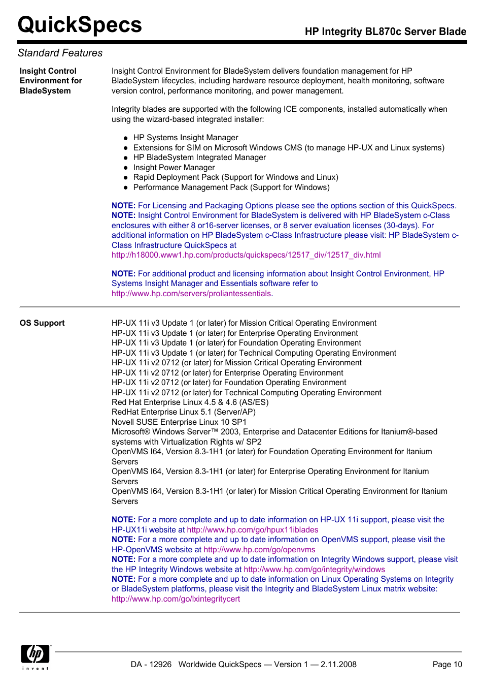 Quickspecs, Hp integrity bl870c server blade standard features | HP Integrity BL870c User Manual | Page 10 / 27