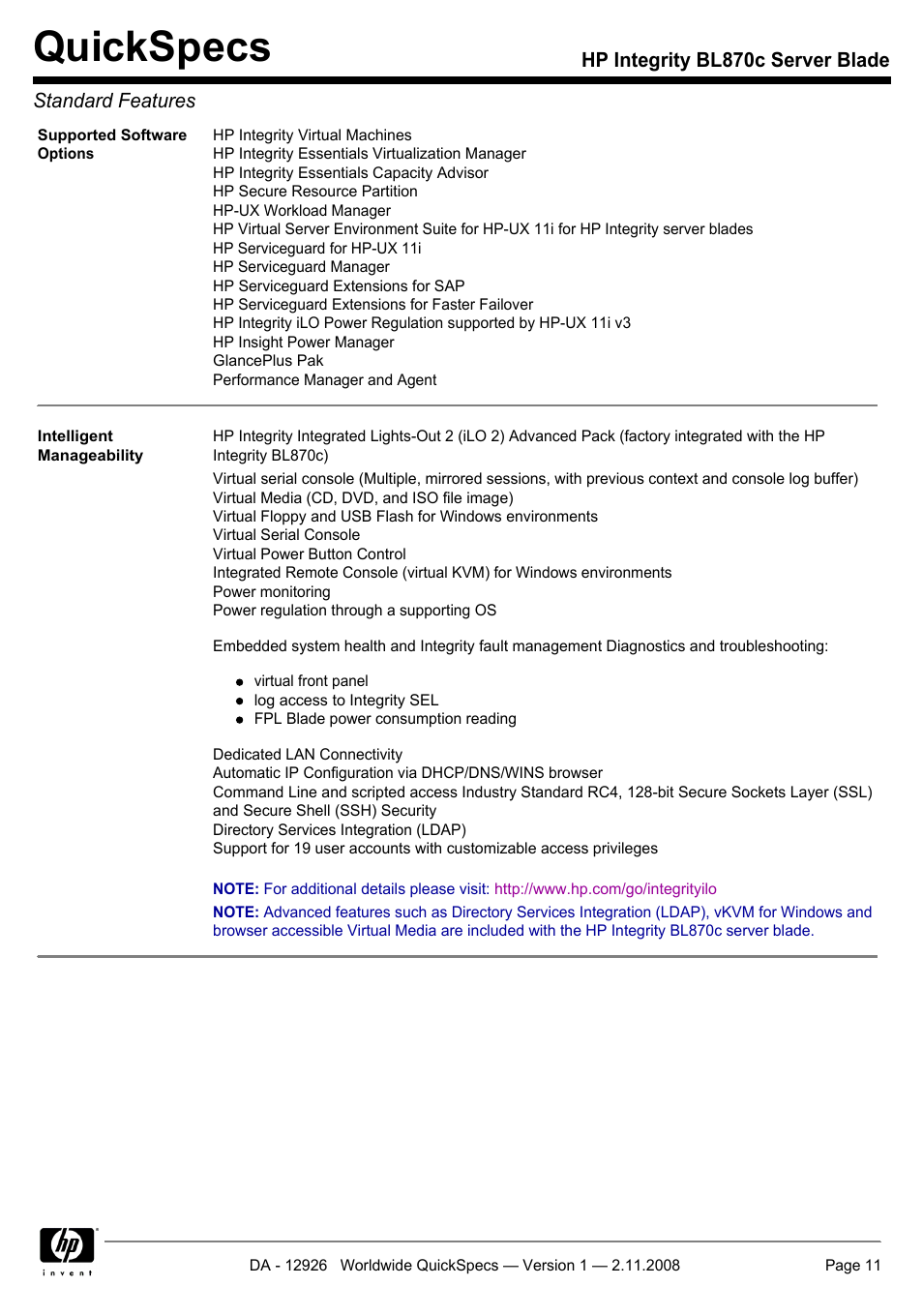 Quickspecs | HP Integrity BL870c User Manual | Page 11 / 27