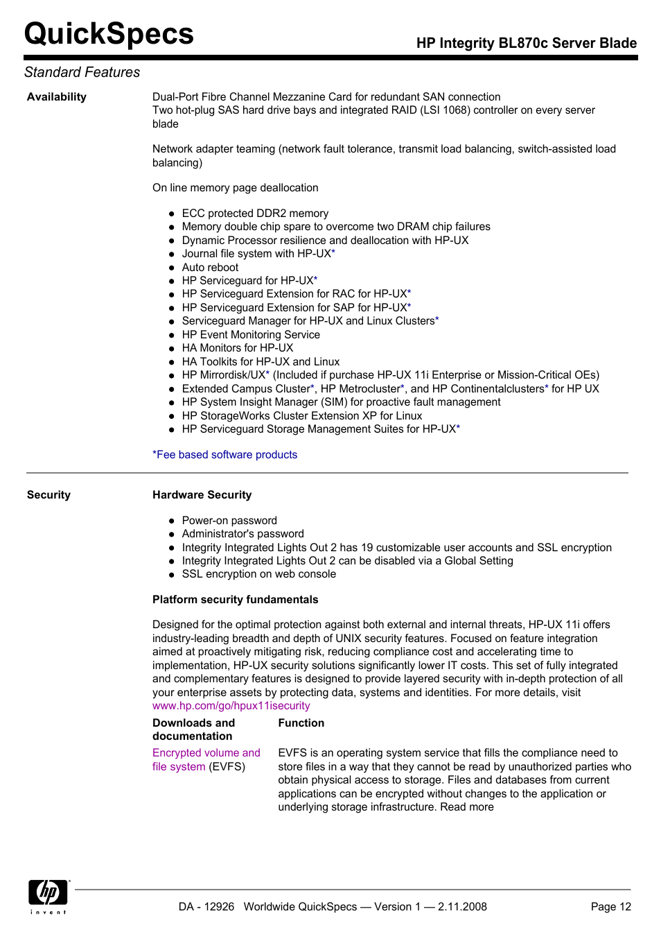 Quickspecs, Hp integrity bl870c server blade standard features | HP Integrity BL870c User Manual | Page 12 / 27