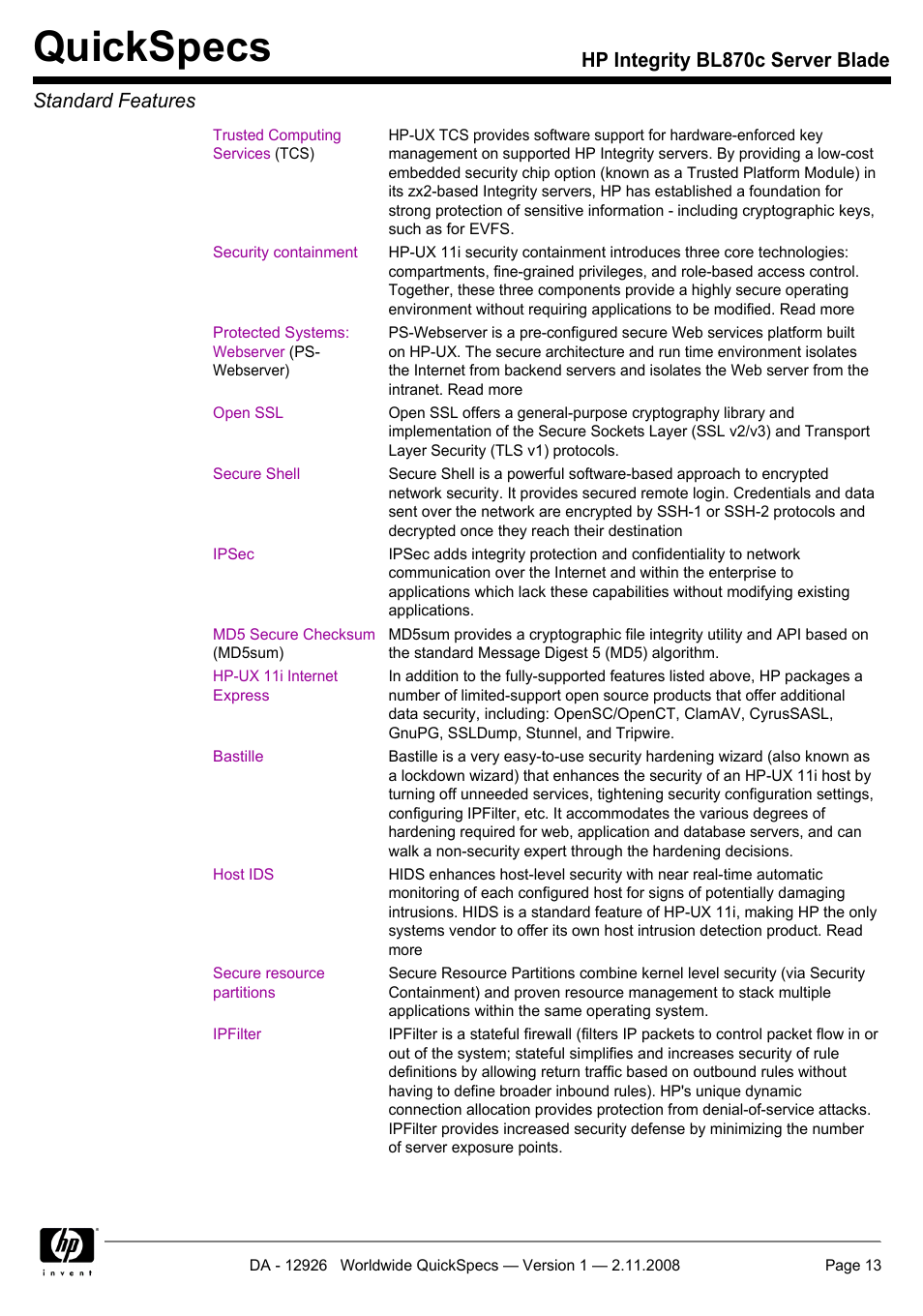 Quickspecs, Hp integrity bl870c server blade standard features | HP Integrity BL870c User Manual | Page 13 / 27