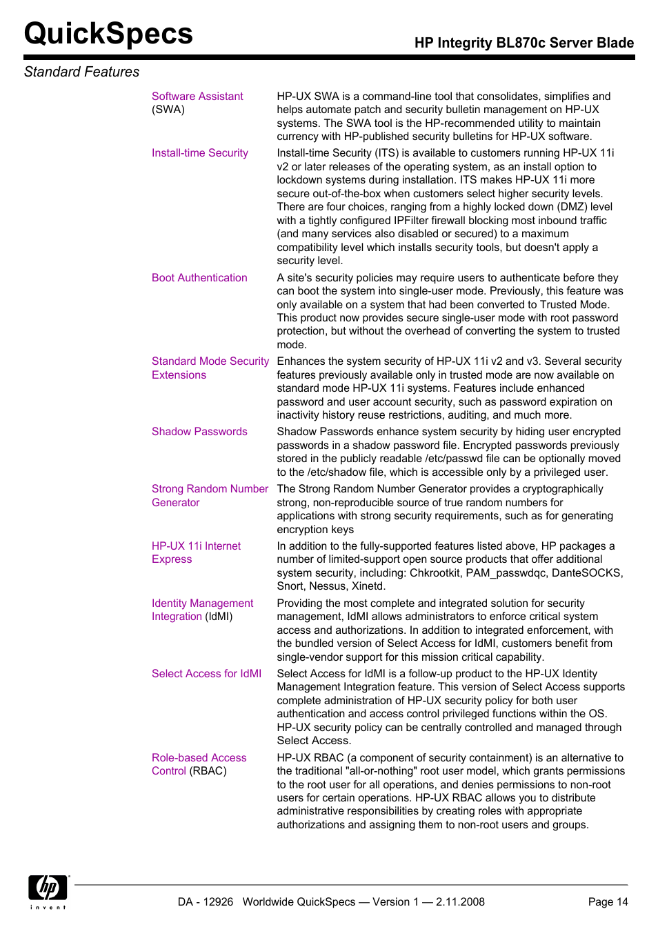 Quickspecs, Hp integrity bl870c server blade standard features | HP Integrity BL870c User Manual | Page 14 / 27