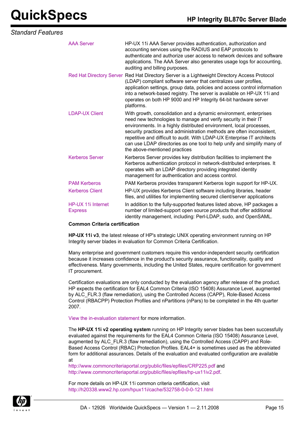 Quickspecs, Hp integrity bl870c server blade standard features | HP Integrity BL870c User Manual | Page 15 / 27