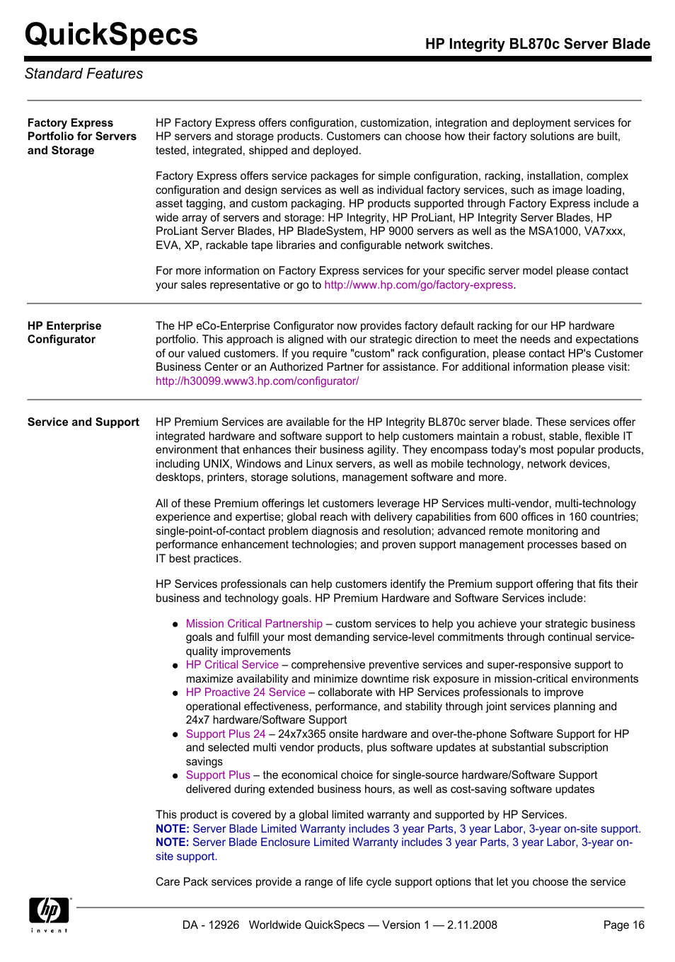 Quickspecs, Hp integrity bl870c server blade standard features | HP Integrity BL870c User Manual | Page 16 / 27