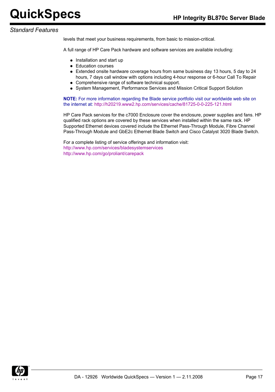 Quickspecs | HP Integrity BL870c User Manual | Page 17 / 27
