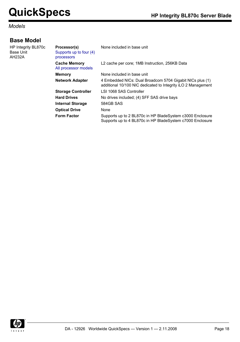 Models, Quickspecs, Base model | HP Integrity BL870c User Manual | Page 18 / 27