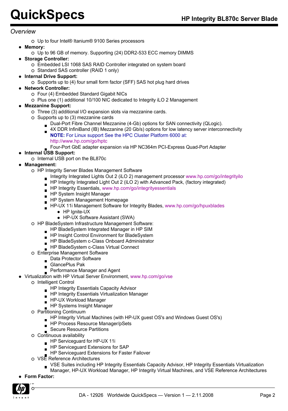 Quickspecs, Hp integrity bl870c server blade overview | HP Integrity BL870c User Manual | Page 2 / 27