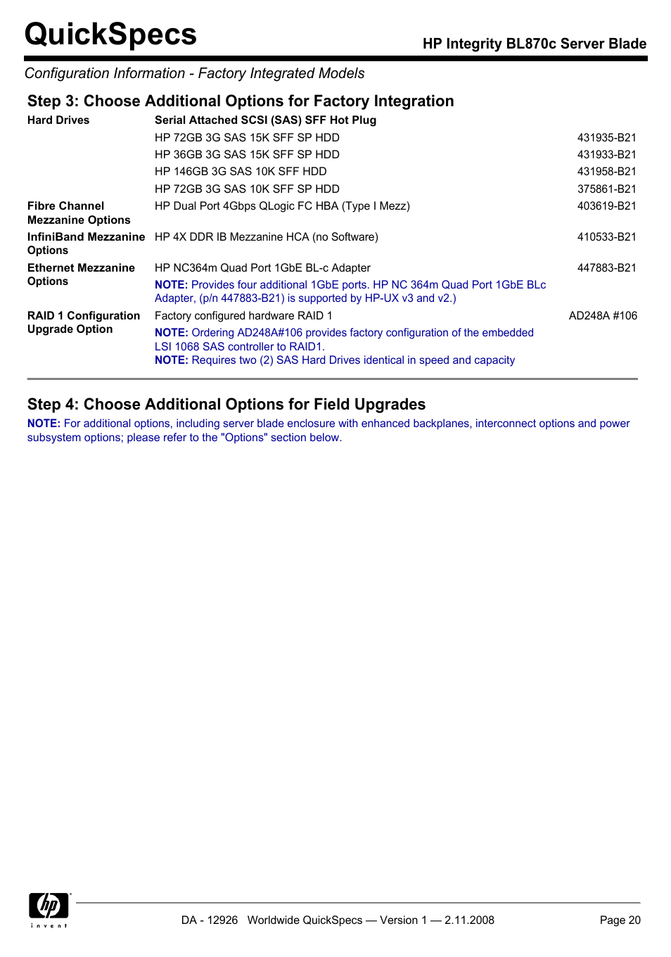 Quickspecs | HP Integrity BL870c User Manual | Page 20 / 27