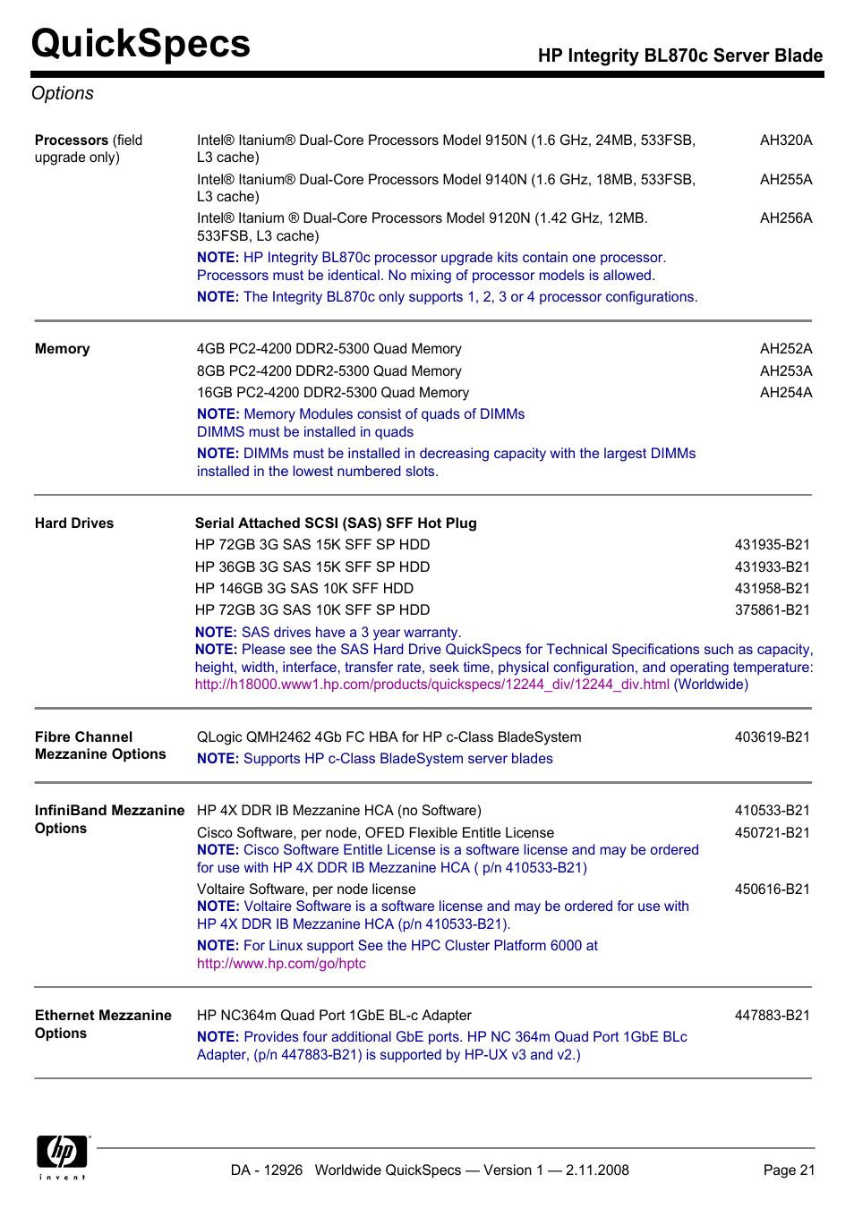 Options, Quickspecs, Hp integrity bl870c server blade options | HP Integrity BL870c User Manual | Page 21 / 27