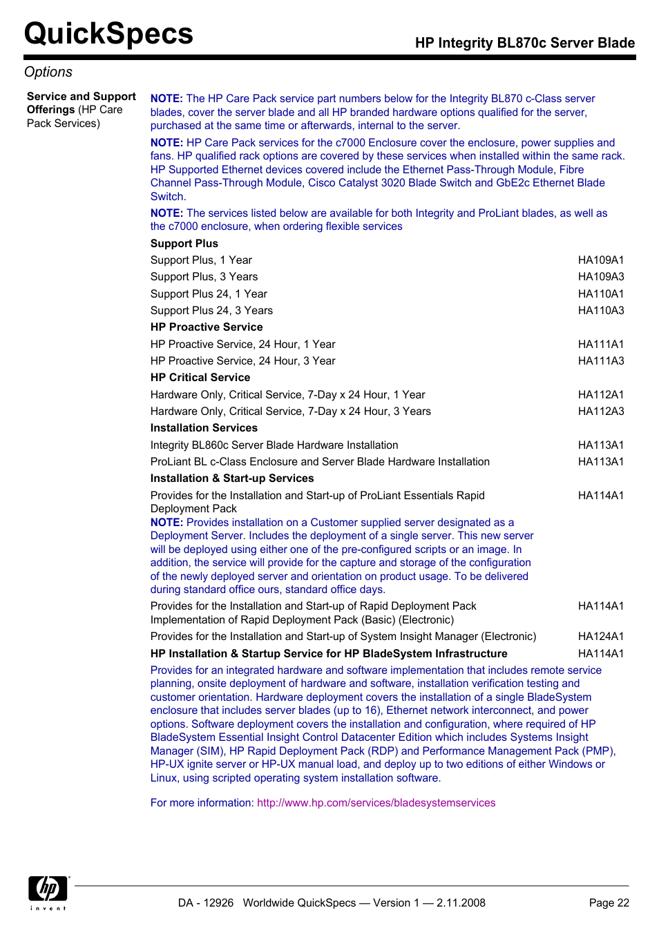 Quickspecs, Hp integrity bl870c server blade options | HP Integrity BL870c User Manual | Page 22 / 27