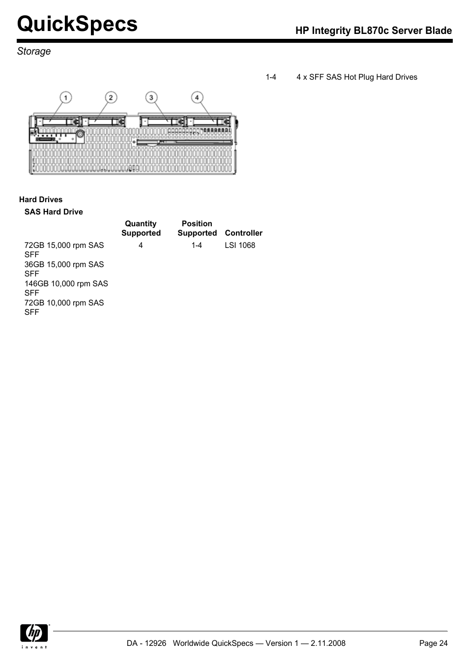 Storage, Quickspecs | HP Integrity BL870c User Manual | Page 24 / 27